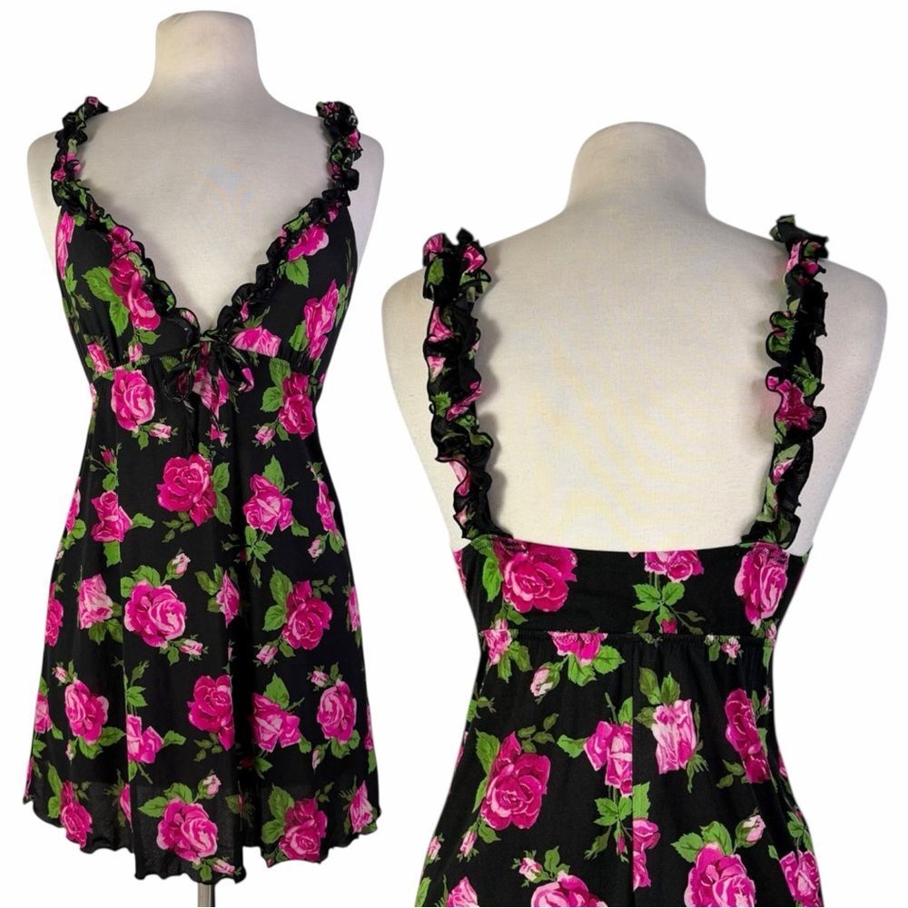 Vintage Y2K Black & Pink Rose Floral Ruffle Mini Dress Babydoll Coquette Medium